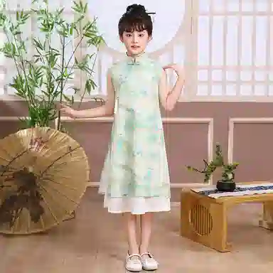 米囹汉服女童旗袍连衣裙夏季 女中大童新中式裙子夏款国风套装