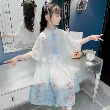 米囹汉服女童连衣裙夏装 儿童夏季古风超仙古装中国风披肩裙子