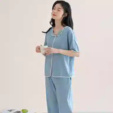 欧迪芬 莫代尔凉感带胸垫透气套头短袖纯色休闲长裤可外穿睡衣套装 女款