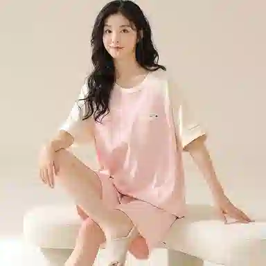 欧迪芬 舒适套头纯棉圆领短袖松紧短裤睡衣套装 女款 粉白色