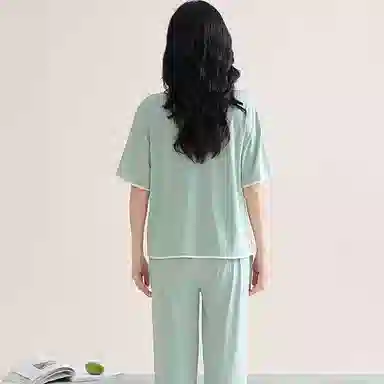 欧迪芬 莫代尔凉感带胸垫透气套头短袖纯色休闲长裤可外穿睡衣套装 女款