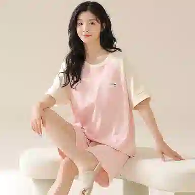 欧迪芬 舒适套头纯棉圆领短袖松紧短裤睡衣套装 女款 粉白色