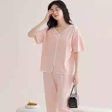 欧迪芬 莫代尔凉感带胸垫透气套头短袖纯色休闲长裤可外穿睡衣套装 女款