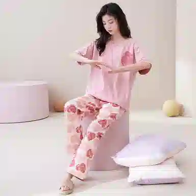 欧迪芬 纯棉亲肤柔软舒适短袖透气长裤睡衣套装 女款 粉色
