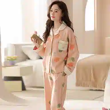 欧迪芬 休闲花朵图案翻领单排扣长袖上衣长裤睡衣套装 女款 橙色