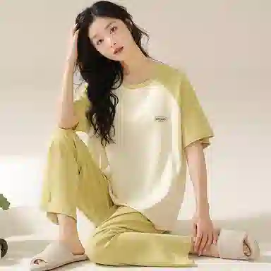 欧迪芬 纯棉自带胸垫圆领套头舒适短袖松紧长裤睡衣套装 女款 黄色