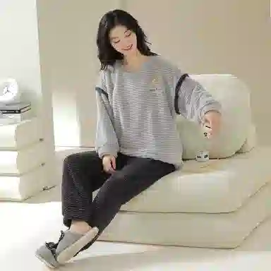 欧迪芬 家居服长袖圆领防寒保暖长裤睡衣套装 女款