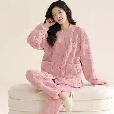 欧迪芬 纯色开衫长袖柔软保暖舒适简约长裤睡衣套装 女款 粉色