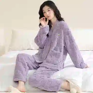 欧迪芬 纯色开衫长袖柔软保暖舒适简约长裤睡衣套装 女款 粉色