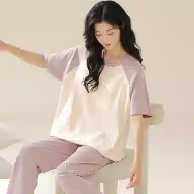 欧迪芬 圆领套头舒适短袖松紧长裤睡衣套装 女款 杏色