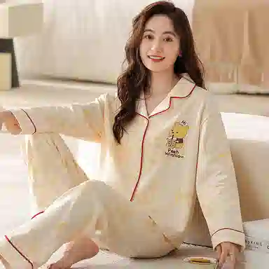 欧迪芬 翻领卡通上衣松紧腰长裤睡衣套装 女款 橙色