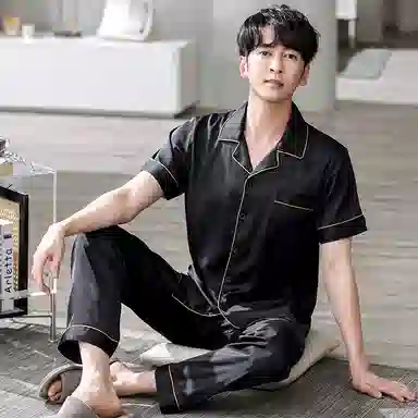 欧迪芬 宽松翻领纯色休闲短袖长裤可外穿睡衣套装 男款 黑色