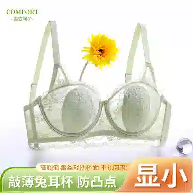 欧迪芬 冰丝轻薄透气亲肤蕾丝全包裹大胸显小兔耳杯不凸点上托聚拢防下垂收副乳文胸 女款