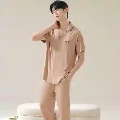 欧迪芬 印花简约翻领短袖上衣纯色凉感透气长裤睡衣套装 男款 棕色白
