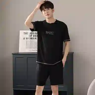 欧迪芬 凉感亲肤舒适透气短袖纯色字母简约休闲可外穿三分裤睡衣套装 男款 黑色