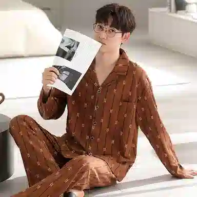 欧迪芬 长袖开衫翻领字母印花图案舒适透气睡衣套装 男款 橙色