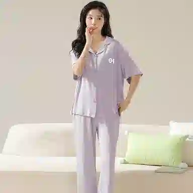 欧迪芬 莫代尔凉感透气亲肤舒适翻领开衫短袖休闲纯色简约风睡衣套装 女款 紫色