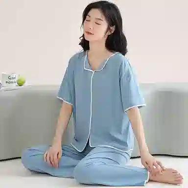 欧迪芬 莫代尔凉感带胸垫透气套头短袖纯色休闲长裤可外穿睡衣套装 女款