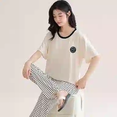 欧迪芬 莫代尔凉感带胸垫透气套头短袖纯色休闲长裤可外穿睡衣套装 女款