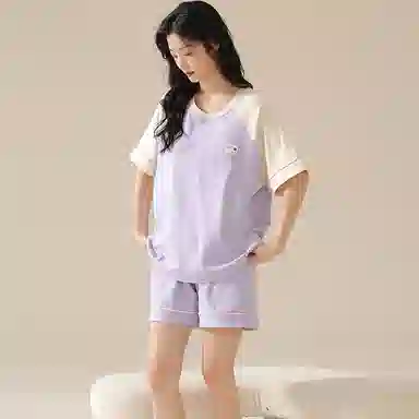 欧迪芬 舒适纯棉套头短袖短裤睡衣套装 女款 紫色