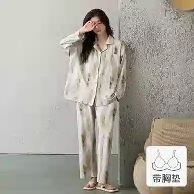 欧迪芬 亲肤柔软透气舒适带胸垫泼墨可外穿家居服睡衣套装 女款 绿色晕染