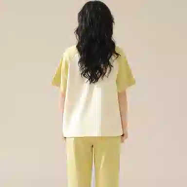 欧迪芬 纯棉自带胸垫圆领套头舒适短袖松紧长裤睡衣套装 女款 黄色
