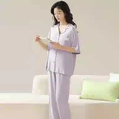 欧迪芬 莫代尔凉感透气亲肤舒适翻领开衫短袖休闲纯色简约风睡衣套装 女款 紫色