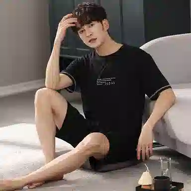 欧迪芬 凉感亲肤舒适透气短袖纯色字母简约休闲可外穿三分裤睡衣套装 男款 黑色