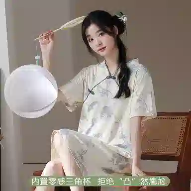 欧迪芬 国风复古睡裙夏季纯棉带胸垫中长款宽松家居服睡衣套装 女款