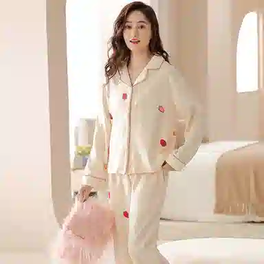 欧迪芬 草莓印花舒适透气单排扣长袖上衣松紧腰直筒长裤睡衣套装 女款 杏色