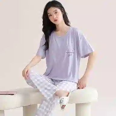 欧迪芬 莫代尔凉感带胸垫透气套头短袖纯色休闲长裤可外穿睡衣套装 女款