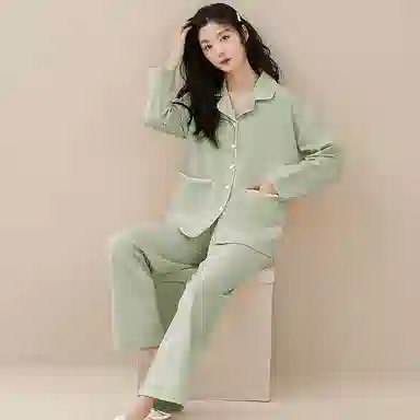 欧迪芬 撞色翻领口袋上衣纯色透气裤子睡衣套装 女款 淡青色