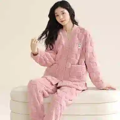 欧迪芬 纯色开衫长袖柔软保暖舒适简约长裤睡衣套装 女款 粉色