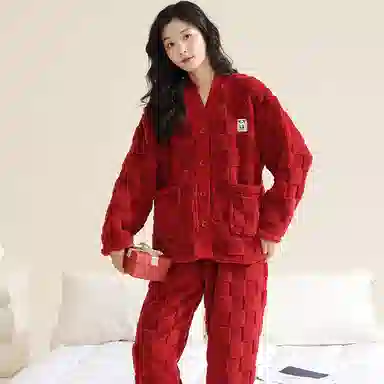 欧迪芬 纯色开衫长袖柔软保暖舒适简约长裤睡衣套装 女款 粉色