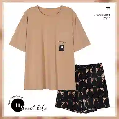 欧迪芬 纯棉圆领亲肤柔软不起球条纹碎花小清新居家舒适可外穿家居服夏季睡衣套装 女款