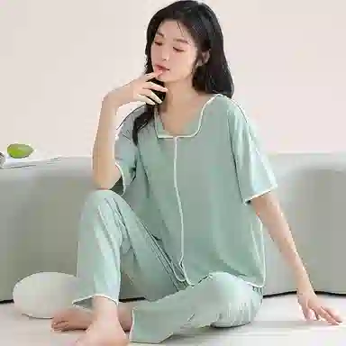 欧迪芬 莫代尔凉感带胸垫透气套头短袖纯色休闲长裤可外穿睡衣套装 女款