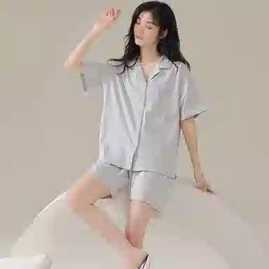 欧迪芬 短袖开衫翻领纯色简约透气睡衣套装 男女同款 灰色