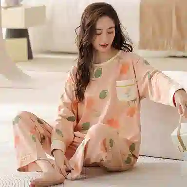 欧迪芬 高雅系列 可爱花朵印花图案带胸垫圆领套头上衣松紧腰长裤睡衣套装 女款 橘红色