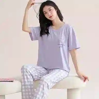 欧迪芬 莫代尔凉感带胸垫透气套头短袖纯色休闲长裤可外穿睡衣套装 女款