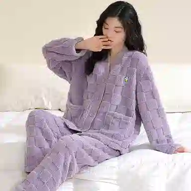 欧迪芬 纯色开衫长袖柔软保暖舒适简约长裤睡衣套装 女款 粉色