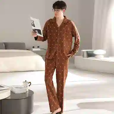 欧迪芬 长袖开衫翻领字母印花图案舒适透气睡衣套装 男款 橙色