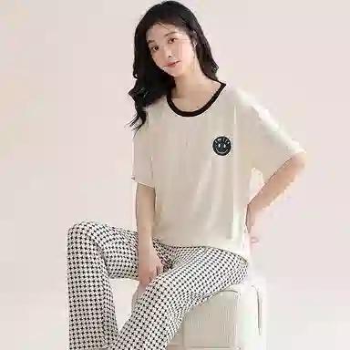 欧迪芬 莫代尔凉感带胸垫透气套头短袖纯色休闲长裤可外穿睡衣套装 女款