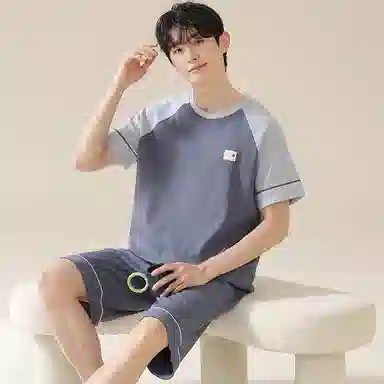 欧迪芬 撞色圆领插肩短袖上衣松紧腰短裤睡衣套装 男款 石板灰