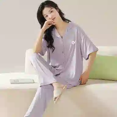欧迪芬 莫代尔凉感透气亲肤舒适翻领开衫短袖休闲纯色简约风睡衣套装 女款 紫色