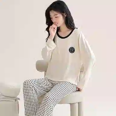 欧迪芬 笑脸印花圆领套头长袖长裤睡衣套装 女款 白色