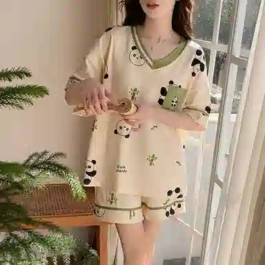 欧迪芬 亲肤柔软带胸垫短袖短裤透气舒适可爱小熊猫睡衣套装 女款 杏色