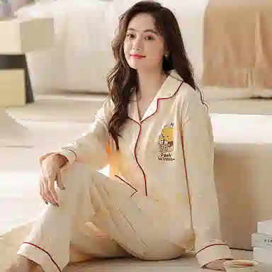 欧迪芬 翻领卡通上衣松紧腰长裤睡衣套装 女款 橙色