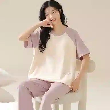 欧迪芬 圆领套头舒适短袖松紧长裤睡衣套装 女款 杏色