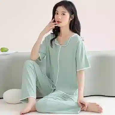 欧迪芬 莫代尔凉感带胸垫透气套头短袖纯色休闲长裤可外穿睡衣套装 女款