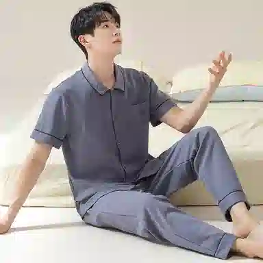 欧迪芬 柔软亲肤透气舒适简约时尚可外穿家居服睡衣套装 男款 蓝色